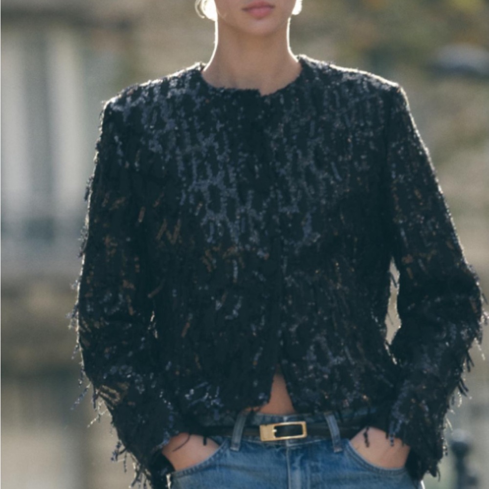 Zara sequin fringe tweed holiday sparkle jacket blazer size M